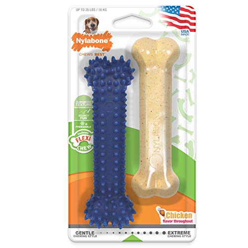 Nylabone Dental Chew and Flexi Bone Combo Pack Dog Chew Toys Chicken Flavor Medium/Wolf - Up to 35 lbs.