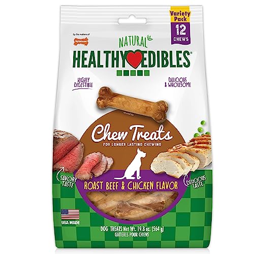 Nylabone Healthy Edibles Long-Lasting Dog Treat Variety Pack - Natural Dog Treats for Small Dogs - Dog Products - Roast Beef and Chicken Flavors, Small/Regular (12 Count)