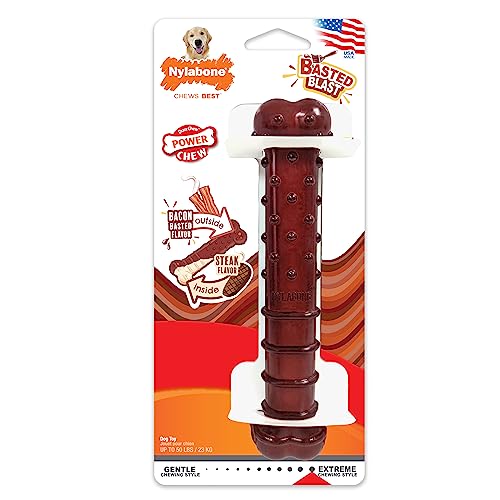 Nylabone Power Chew Basted Blast Dual Flavored Dog Chew Toys for Aggressive Chewers - Durable Dog Bones with 2 Layers of Flavor - Bacon and Steak Flavor, Large/Giant (1 Count)