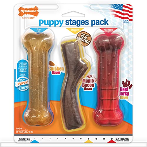 Nylabone Puppy Stages Dog Chew Toy Pack - Puppy Chew Toys for Teething and Chewing - Puppy Supplies - Chicken, Maple Bacon, and Beef Jerky Flavors, Medium/Wolf (3 Count)