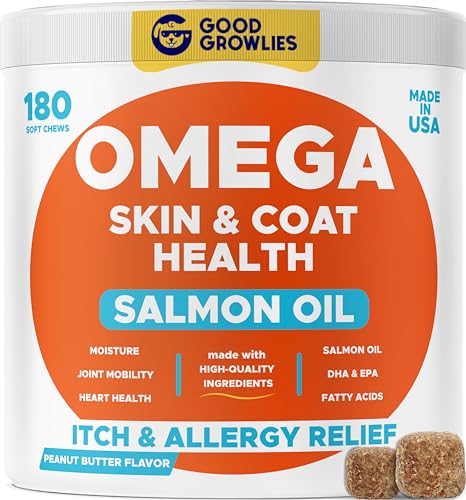 Omega 3 Alaskan Fish Oil Treats for Dogs (180 Ct) - Dry & Itchy Skin Relief + Allergy Support - Shiny Coats - EPA&DHA Fatty Acids - Natural Salmon Oil Chews Promotes Heart, Brain, Hip & Joint Support