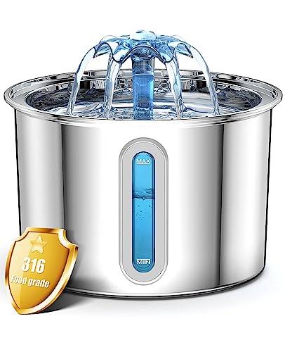 oneisall Cat Water Fountain 316 Stainless Steel, 2L/67oz Automatic Water Fountain for Cats Inside, 3 Replacement Filters & Visual Water Level Window with LED/Pet Supplies