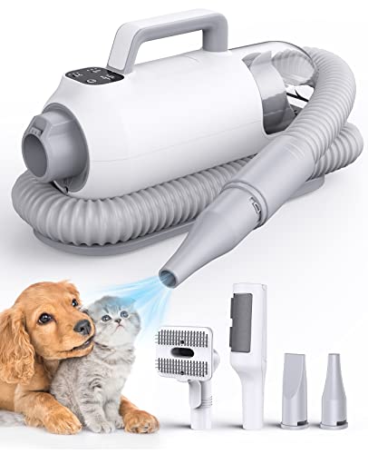 oneisall Dog Hair Dryer and Vacuum 2 in 1, Dog Grooming Kit with 4 Pet Grooming Tools for Drying & Shedding Brush Pet Hair, Pet Blow Dryer with Adjustable Speed Temperature, 1L Dust Cup (white)