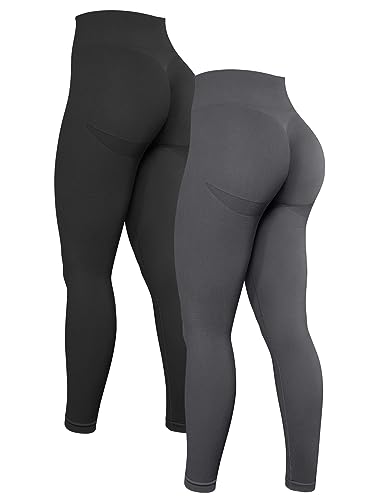 OQQ Women's 2 Piece High Waist Yoga Legging Butt Lifting Tummy Control Ruched Booty Smile Workout Pant, Black,darkgrey, Medium