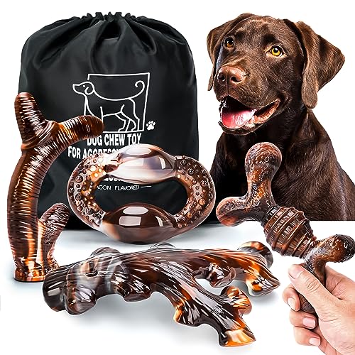 OSORD 4 Pack Dog Chew Toys for Aggressive Chewers - Tough Indestructible Dog Toys with Bacon Flavor- Durable Nylon Dog Bones Toy for Large Medium Breed - Dog Gifts