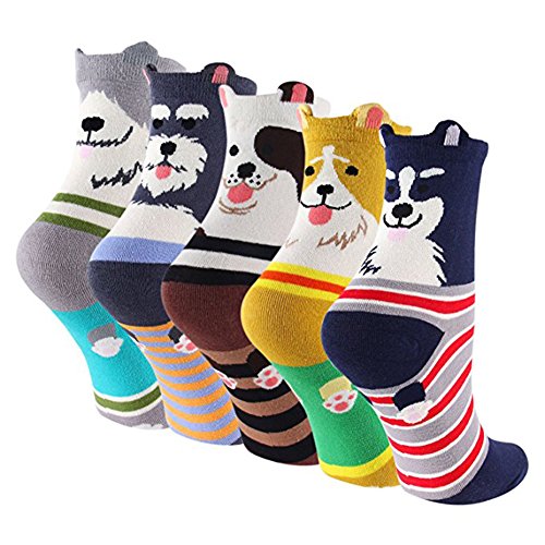 Pack of 5 Sweet Animal Design Women's Casual Comfortable Cotton Crew Socks, Style 1, One Size (5-8.5)