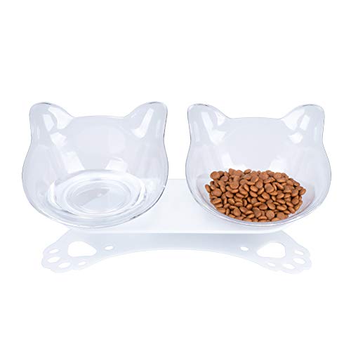 Pantula Anti Vomiting Cat Bowls, Elevated Plastic Cat Food Bowl, Tilted 15° Raised Cat Dishes with Non-Slip Rubber Base Stand for Cats (Clear)