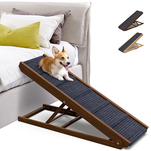 PATHOSIO PETS Dog Ramp for Bed Small Dog to Medium Dog for All Breeds - 40" Long, Adjustable 11"-23" Dog Ramp for Couch, Bed or Sofa, Folding Portable Wooden Dog Ramps (Walnut Wood-Grey Carpet)