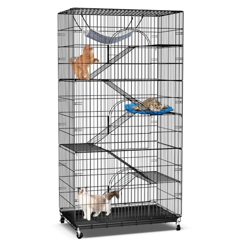 PawGiant 6-Tier Large Cat Cage Playpen, 76-inch Indoor/Outdoor Enclosure with 3 Doors, Hammock, Suitable for Cats, Kittens, Ferrets, and Small Animals