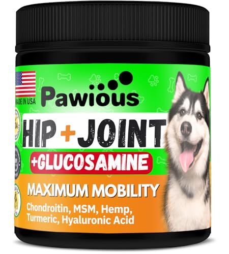 Pawious Hip and Joint Chews for Dogs - Glucosamine for Dogs - Dog Joint Pain Relief - Chondroitin, MSM, Turmeric, Hemp Oil Treats - Advanced Support Dog Joint Supplement Health - Mobility Bites