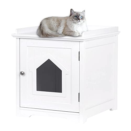 PAWLAND Cat Litter Box Enclosure, Side Table,Night Stand Pet House, Indoor , White