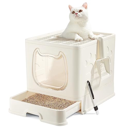 Pawsayes Cat Litter Box with Lid, Covered Top Entry Kitten Litter Pan for Small and Medium Cats, Anti-Splashing Kitty Potty with Slide-Out Litter Tray