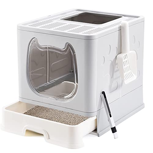 Pawsayes Covered Cat Litter Box with Lid for Small and Medium Cats, Foldable Kitten Litter Pan for Growing Cats, Drawer Type Anti-Splashing Kitty Toilet