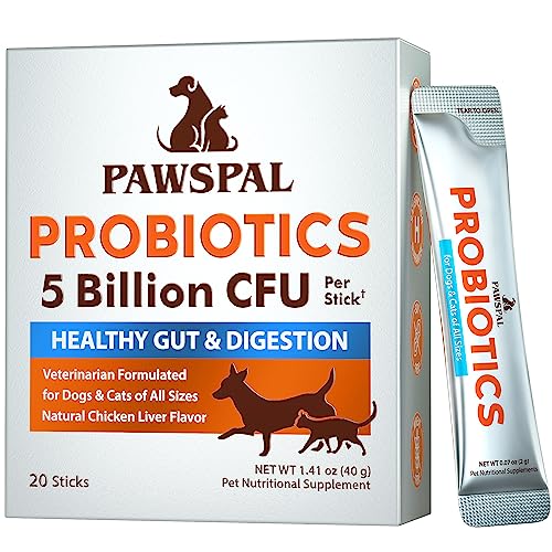 Pawspal Probiotics for Dogs and Cats, 5 Billion CFU, Veterinarian Formulated, Digestive & Immune Health, Gut Flora Balance, All Natural Probiotic Powder, Chicken Liver Flavor, 20 Sticks