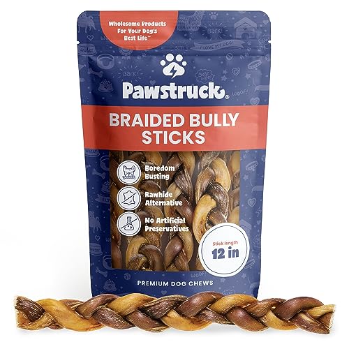 Pawstruck 12" Braided Bully Sticks for Dog, Beef Flavor, Natural Bulk Dog Dental Treats & Healthy Chews, Chemical Free, 12 inch Best Low Odor Pizzle Stix - 5 Sticks