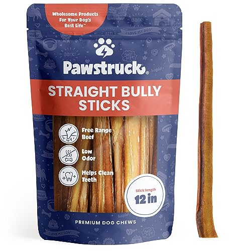 Pawstruck All-Natural 12" Bully Sticks for Dogs - Best Long Lasting, Rawhide Free, Low Odor & Grain Free Dental Chew Treat - Healthy Single Ingredient 100% Real Beef - 1 lb. Bag