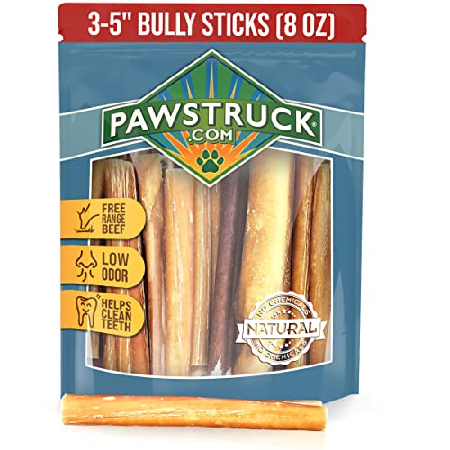 Pawstruck All-Natural 3-5" Bully Sticks for Small Dogs & Puppies – Single Ingredient, Low Odor & Rawhide-Free Dental Chew Treat Bones - 100% Real Beef with No Artificial Preservatives - 8 oz Bag