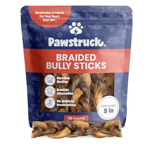 Pawstruck All-Natural 5” Braided Bully Sticks for Dogs - Tough Long Lasting, Rawhide Free, Low Odor Dental Chew Treat for Aggressive Chewers - Healthy Grain Free Single Ingredient - 10 Count