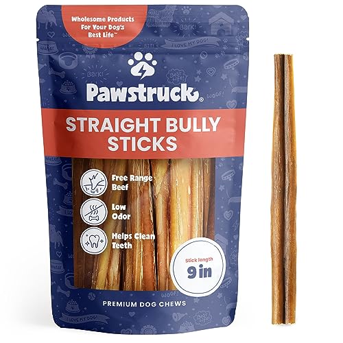 Pawstruck All-Natural 9" Bully Sticks for Dogs - Best Long Lasting, Rawhide Free, Low Odor & Grain Free Dental Chew Treat - Healthy Single Ingredient 100% Real Beef - 1 lb. Bag