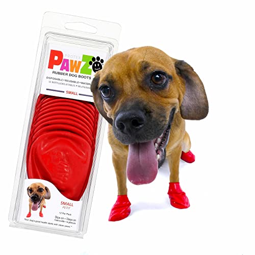 PawZ Rubber Dog Boots for Paws up to 2 1/2", 12 Pack - All-Weather Dog Booties for Hot Pavement, Snow, Mud, and Rain - Waterproof, Anti Slip Dog Socks - Small, Red