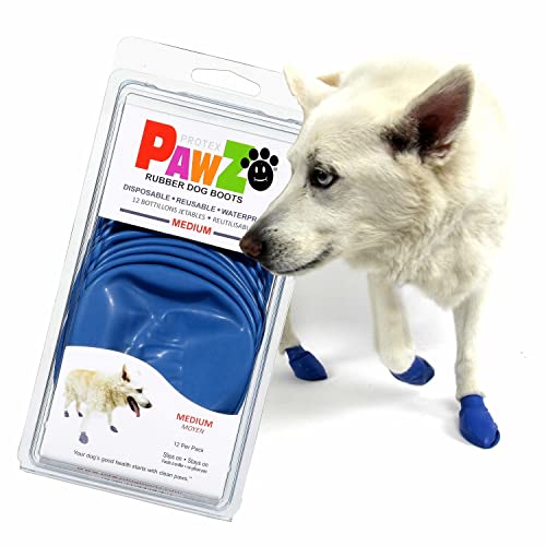 PawZ Rubber Dog Boots for Paws up to 3", 12 Pack - All-Weather Dog Booties for Hot Pavement, Snow, Mud, and Rain - Waterproof, Anti Slip Dog Socks - Medium, Blue