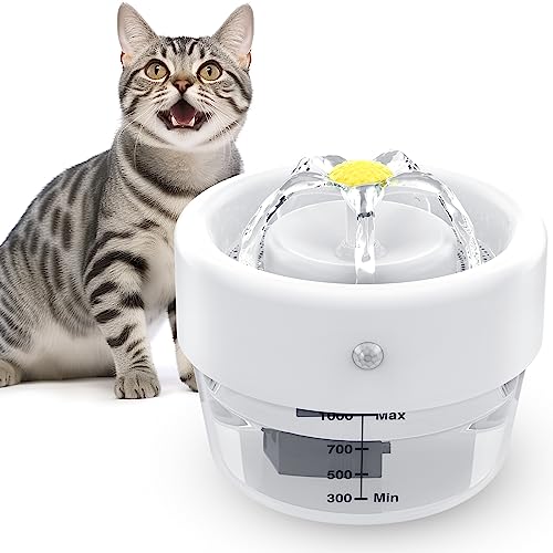 PcEoTllar Cat Water Fountain, Wireless & Rechargeable Battery Operated, Automatic Pet Water Fountain with Filter,10s WaterFlow Time, 34o2/1L Ultra Ouiet Cat Water Dispenser, for Cats, Dogs, Multiple