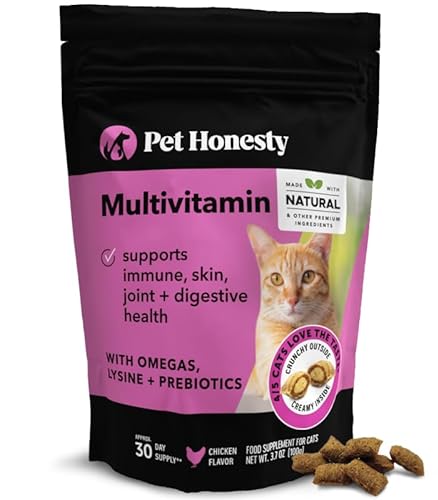 Pet Honesty Cat Multivitamin Chews - Supports Overall Immune Health, Joints, Skin & Coat, and Digestion | Omega 3s, Lysine for Cats, Probiotics, Cat Supplements & Vitamins - Chicken (30-Day Supply)