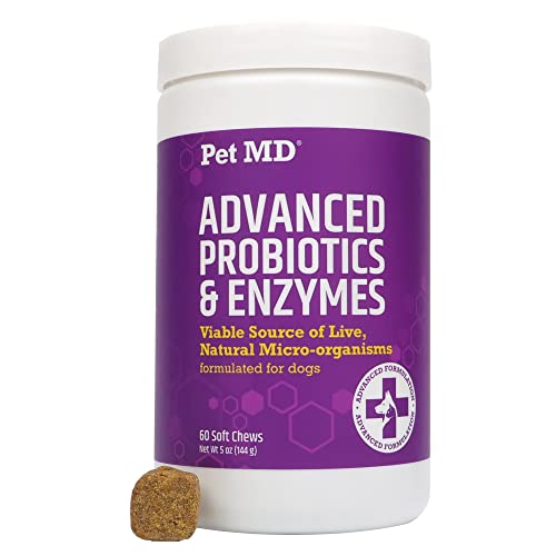 Pet MD Probiotics & Enzymes for Dogs - Gut Health Chews with Prebiotics - Digestive Aid for Dogs with Upset Stomach, Diarrhea, Constipation, or Gas - Functional Probiotics for Dogs - 60 ct