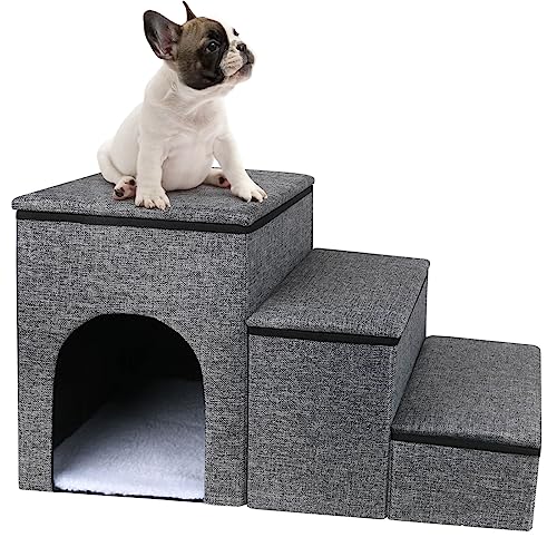 petizer Dog Stairs for Small Dogs, Foldable Pet Stairs with Storage Box and Condo, Adjustable Height Steps for Couch/Bed, Folding Non-Slip Dog Ramp for Puppy, Cats, or Small Dog (3-Step, 17" H)