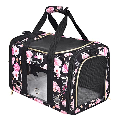 Petmolico Cat Carrier Dog Carrier, Airline Approved Soft Pet Travel Carrier with 3 Open Doors Mesh Windows for Cats Puppy 16 lbs, Pink Peony