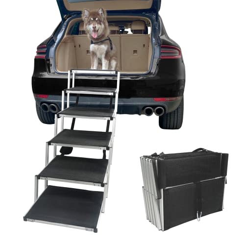 Petshug 6 Steps Aluminum Sturdy Pet Dog Ramp Stairs for Small Medium Large Dogs, Folding Lightweight Ladder with Increased Nonslip Surface for Trucks, Cars, SUVs & High Bed, Supports Up to 150 Lbs