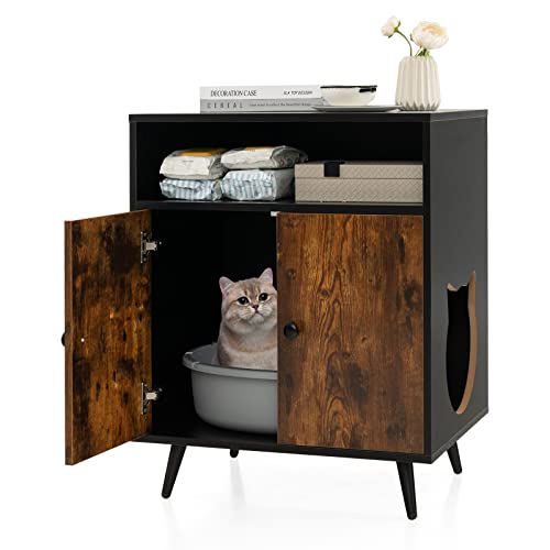 PETSITE Cat Litter Box Enclosure, Wooden Enclosed Litter Box with Shelves, Hidden Litter Box Furniture End Table