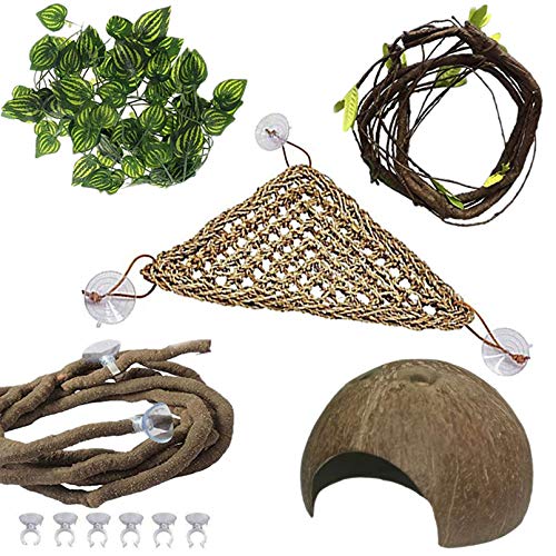 PINVNBY Bearded Dragon Tank Accessories,Lizard Habitat Hammock Reptile Natural Coconut Shell Cave Jungle Climber Bendable Vines Leaves Decor for Gecko Chameleon Snakes Lizards(5 Pcs)