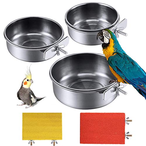 PINVNBY Bird Feeding Dish Cups Parrot Stainless Steel Food Water Dish Perch Stand Platform Paw Grinding Toy Feeder Cage Bowl with Clamp Holder for Budgies Parakeet Macaw Small Animal Chinchilla(5Pack)
