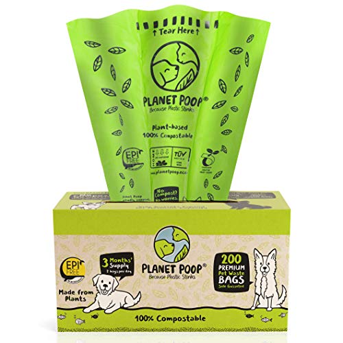 PLANET POOP Home Compostable Dog Poop Bags | Large Single Roll 200 Grab & Go | Un-Scented Dog Waste Bag | Thick Leakproof Doggy or Cat Bags | Plant-Based Green Pet Supplies