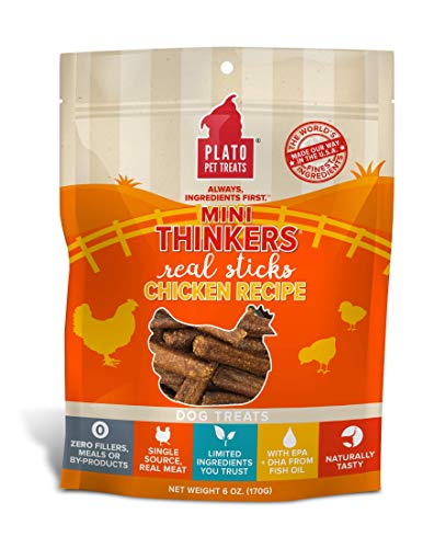 PLATO Mini Thinkers Sticks - Natural Dog Treats - Real Meat - Air Dried - Made in the USA, Chicken Flavor, 6 ounces