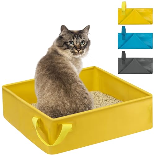 Portable Cat Litter Box for Cats Travel Litter Box with Handle Foldable Kitty Litter Pan Collapsible Litter Carrier for Small Medium Large Pets,Leak-Proof, Lightweight (Yellow)