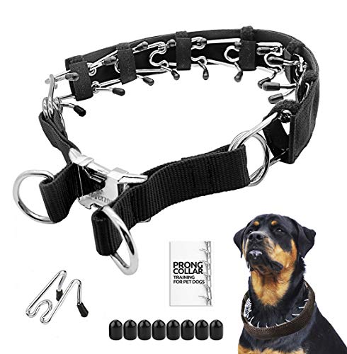 Prong Dog Training Collar with Protector, Steel Chrome Plated Dog Prong Collar, Pinch Collar for Dogs (S-17.7 inch, 12''-16'' Neck, Black)