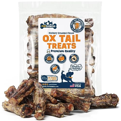 PUPDAWGS Cow Tails for Dogs | 4-6" Hickory Smoked Flavor Oxtails for Dogs | All-Natural, Long-Lasting & Delicious Cow Tail Dog Chews Made in The USA | Rawhide Free Dog Chews Dogs (10 Piece Pack)