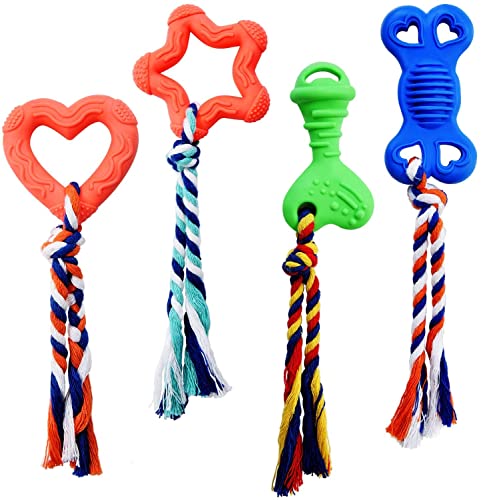 Puppy and Small Dog Breed Chew Toys. Soothes Gums and Teething Pain, Cleans Teeth, Lessens Destructive Chewing and Anxiety. Durable, Healthy, All-Natural Rubber and Cotton, 4-Pack…