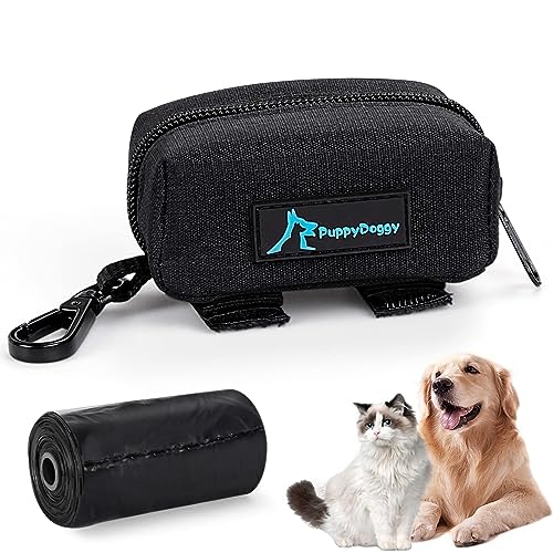 PuppyDoggy Dog Poop Bag Holder for Leash Black Waste Bag Dispenser with 1 Roll of Poop Bags for Leash Accessory Bicycle