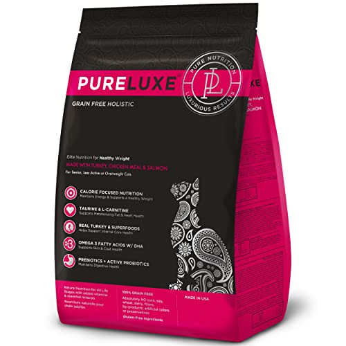 PURELUXE Grain and Gluten Free Cat Food, Healthy Weight Elite Nutrition, Turkey, Chicken, Salmon, for Senior, Less Active, Overweight Cats, All Life Stages and Breeds, Made in The USA, 3.3lbs