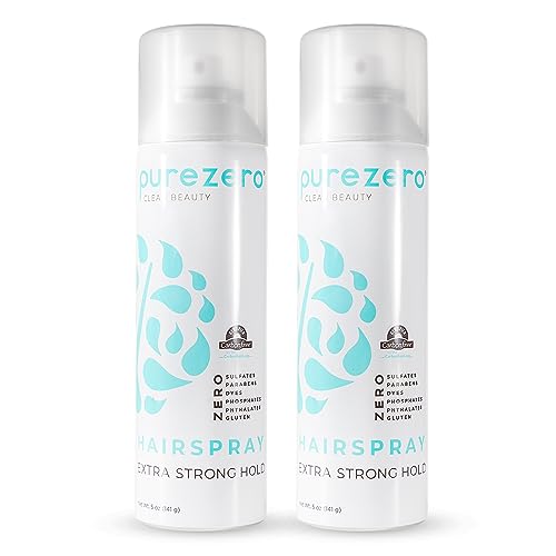 Purezero Extra Strong Hold Hairspray, Long Lasting Hold, Adds Volume and Texture, Non-Greasy Finish, Zero Sulfates, Parabens, Dyes, 100% Vegan & Cruelty Free (5oz, 2 Pack)