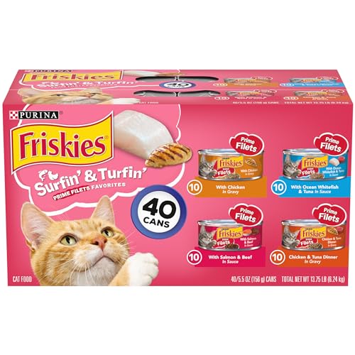 Purina Friskies Wet Cat Food Variety Pack, Surfin' & Turfin' Prime Filets Favorites - (40) 5.5 Oz. Cans