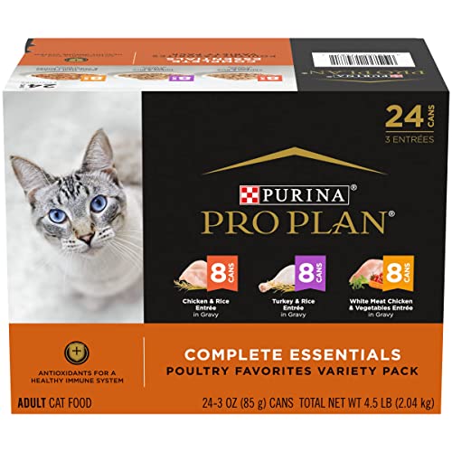 Purina Pro Plan Gravy, High Protein Wet Cat Food Variety Pack, Complete Essentials Chicken and Turkey Favorites - (24) 3 oz. Cans