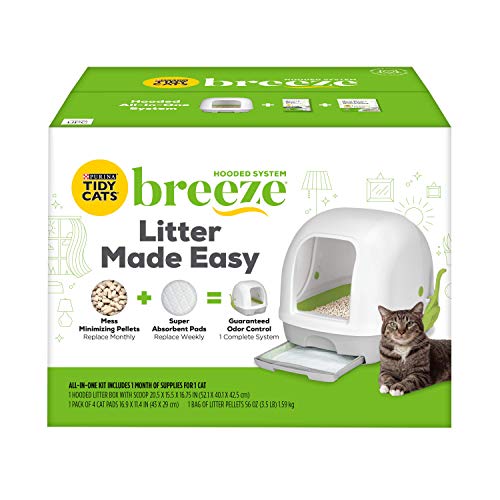 Purina Tidy Cats Hooded Litter Box System, BREEZE Hooded System Starter Kit Litter Box, Litter Pellets & Pads