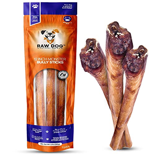 Raw Dog Bully Sticks All-Natural Dog Treats, 12 inch Monster Size, 3 pk, 100% Beef, Grass Fed, Non-GMO, Premium Odor Free Dog Chews, Bully Sticks for Large Dogs & Medium Dogs