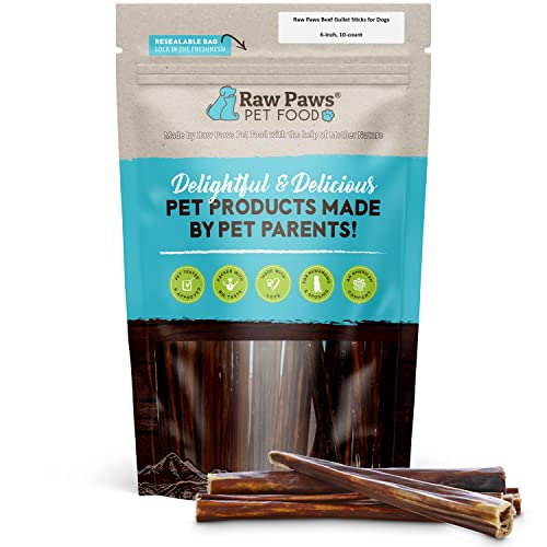 Raw Paws Beef Gullet Sticks for Dogs, 6-inch, 10-ct - All-Natural, Free-Range, Antibiotic-Free, No Hormones Gullet Sticks for Small Dogs to Lrg Dogs - Beef Gullet Dog Treats, Beef Esophagus for Dogs