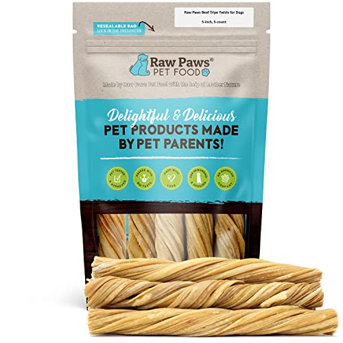 Raw Paws Beef Tripe Twists for Dogs - 5 inch, 5-Pack - Packed in USA - Free-Range Green Tripe Sticks for Dogs - Odor-Free, Crunchy Tripe Dog Treats - All-Natural Green Beef Tripe Sticks Chews