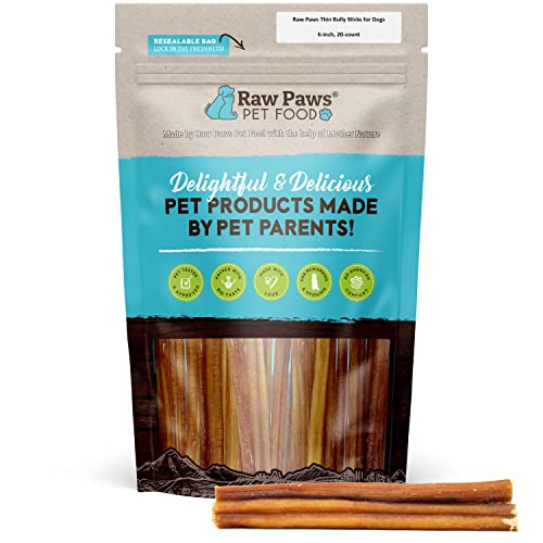 Raw Paws Thin Bully Sticks for Dogs, 6 inch, 20-ct - Free Range Bull Pizzle - Low Odor Mini Bully Sticks for Puppies - Small Bully Sticks - Puppy Bully Sticks for Dogs - Bully Sticks for Small Dogs